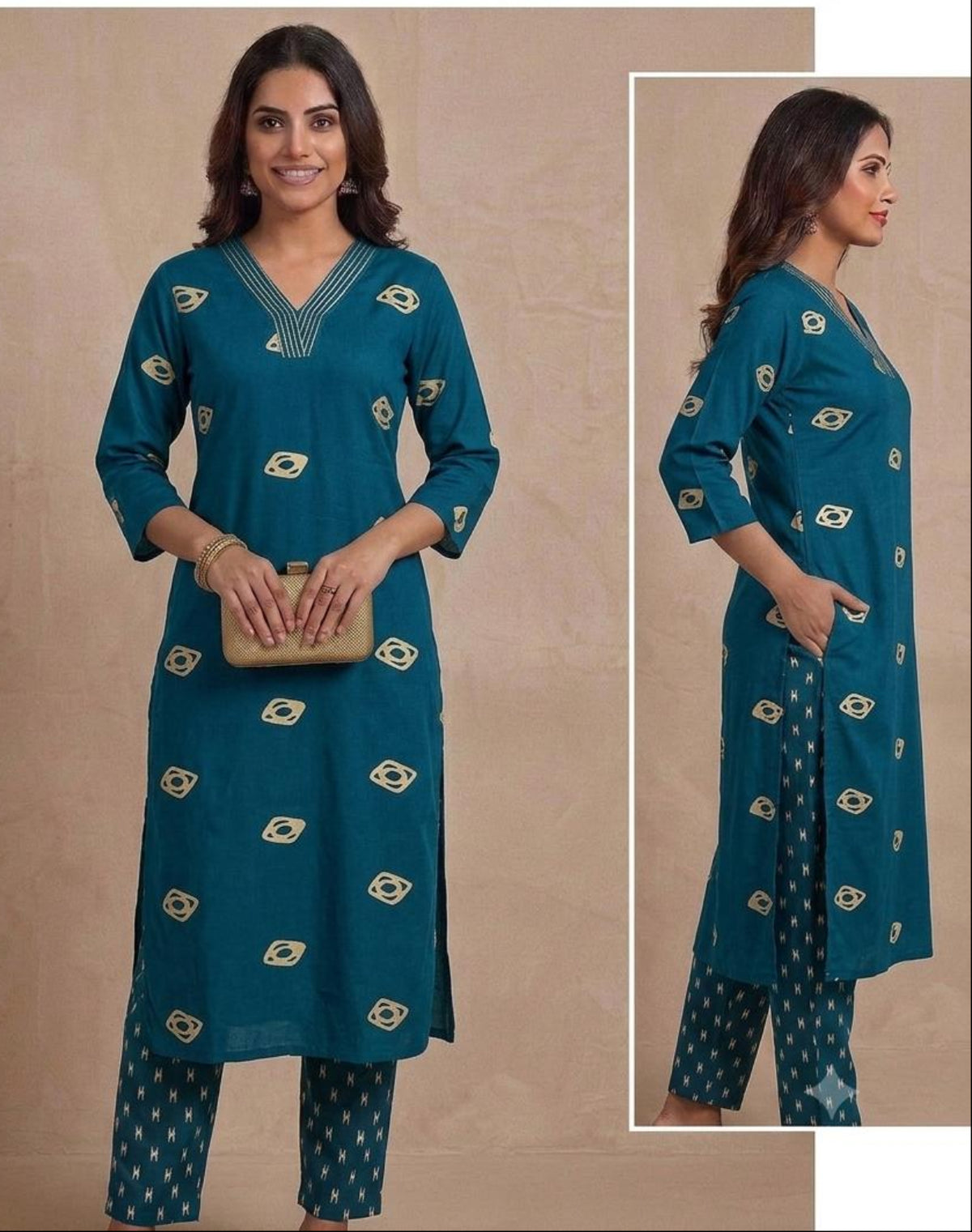 Peacock Blue Premium Rayon Floral Print V Neck Co-Ord Set with Straight Pant | Office wear