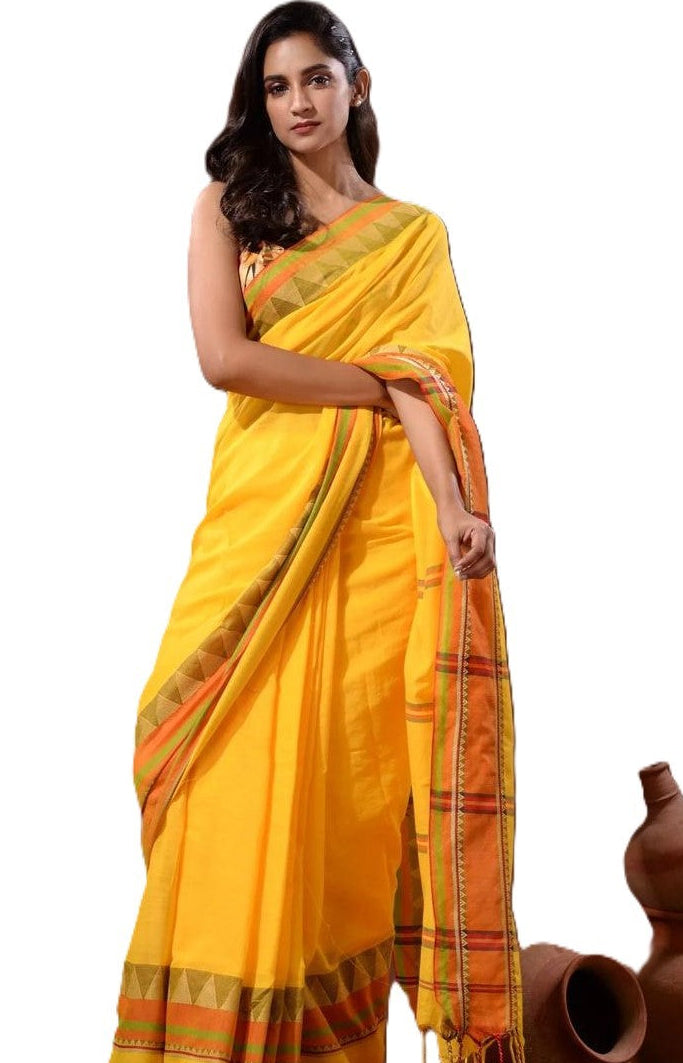 Yellow Handloom Soft Cotton Sarees with Temple Kanchivaram Silk style Border