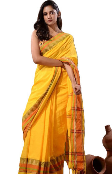 Yellow Handloom Soft Cotton Sarees with Temple Kanchivaram Silk style Border