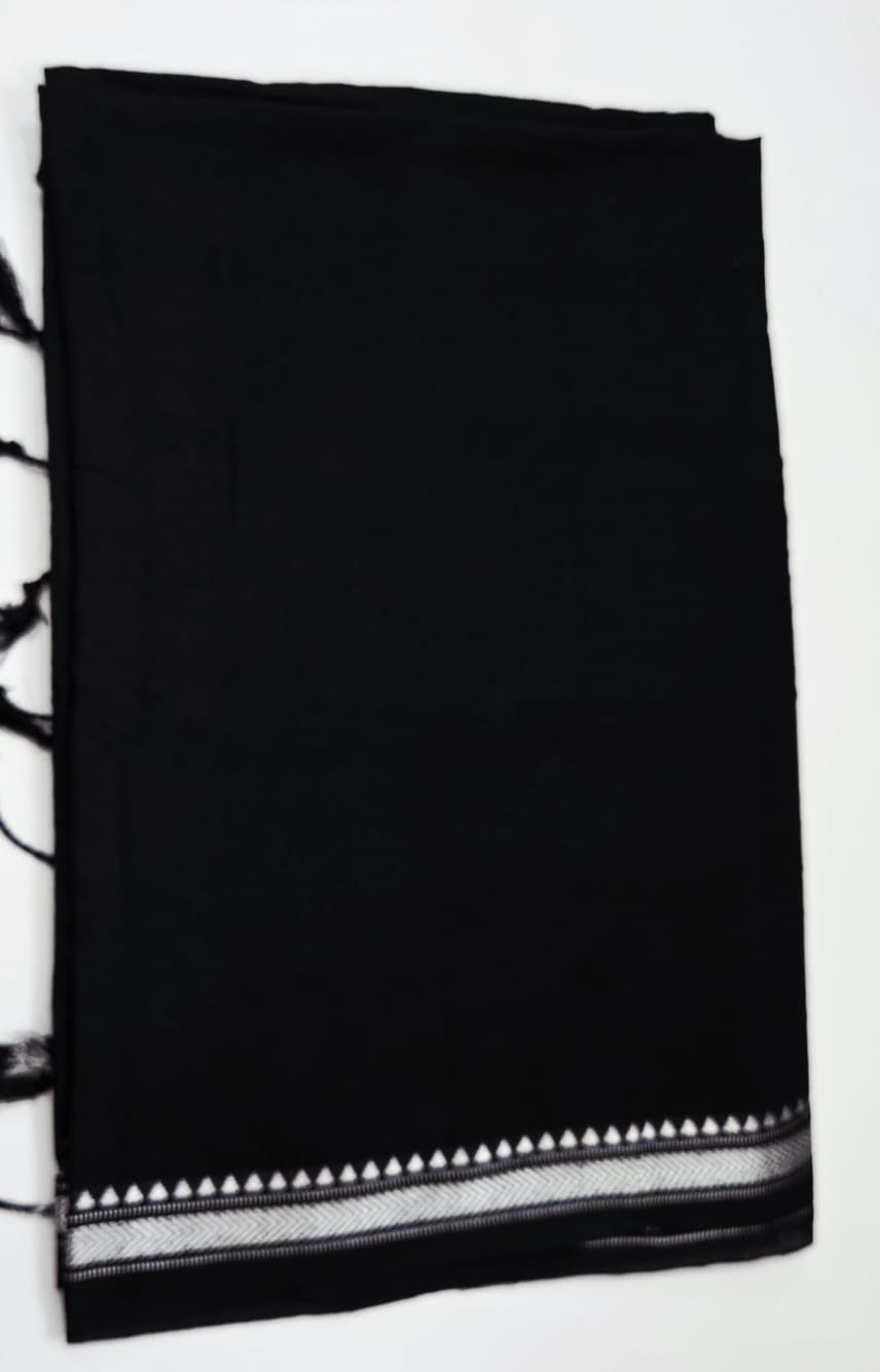 Elegant Black Narayanpet Cotton Saree with Silver Zari Border – Handwoven Traditional Saree