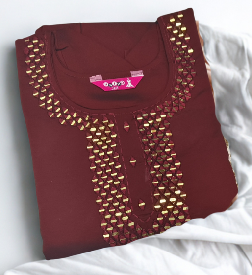 Maroon Silk Mirror Work Umbrella Kurti with Complete lining