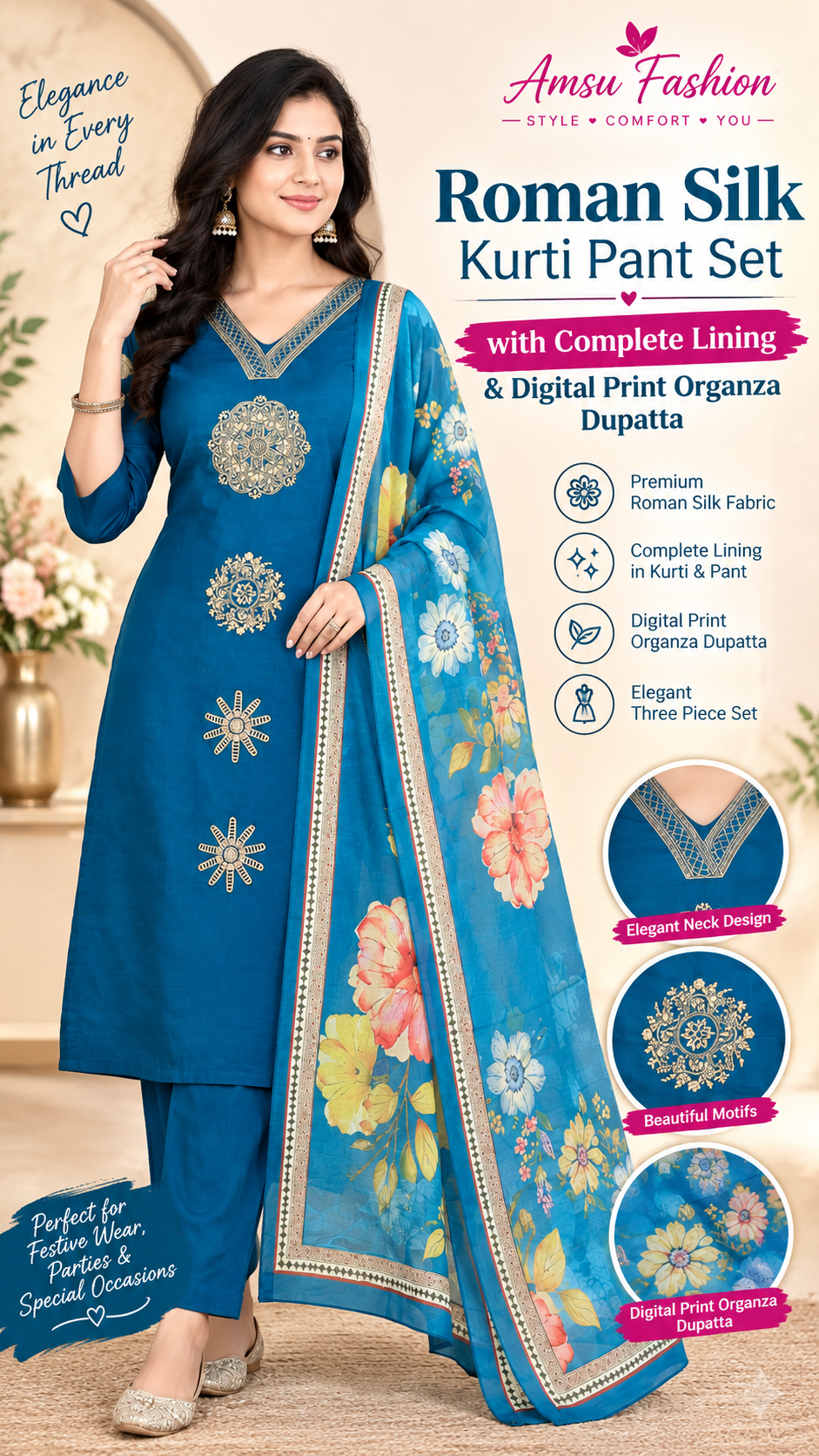 Roman Silk Kurti Pant Set with Complete Lining & Digital Print Organza Dupatta