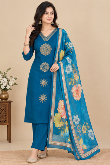 Roman Silk Kurti Pant Set with Complete Lining & Digital Print Organza Dupatta