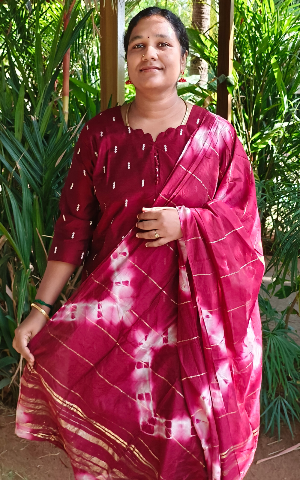 Maroon Raw Silk Kurti Set with Silk Pant & Zari Dupatta - 3 piece set