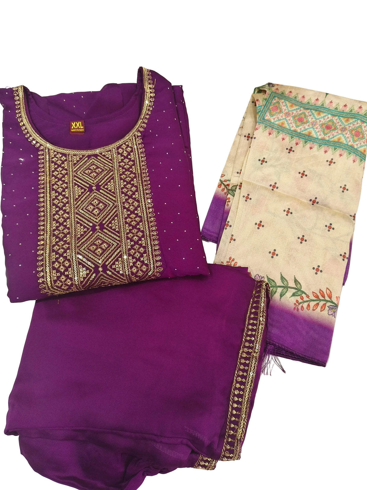 Vichitra Silk Kurti Pant Set with Full Stone Work & Digital Print Organza Dupatta