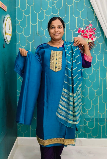 Peacock blue Vichitra Silk Kurti Pant & Zari Dupatta Set with Lining | Elegant Ethnic Wear Set