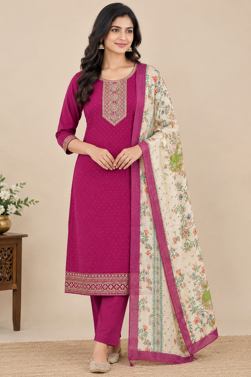 Vichitra Silk Kurti Pant Set with Full Stone Work & Digital Print Organza Dupatta