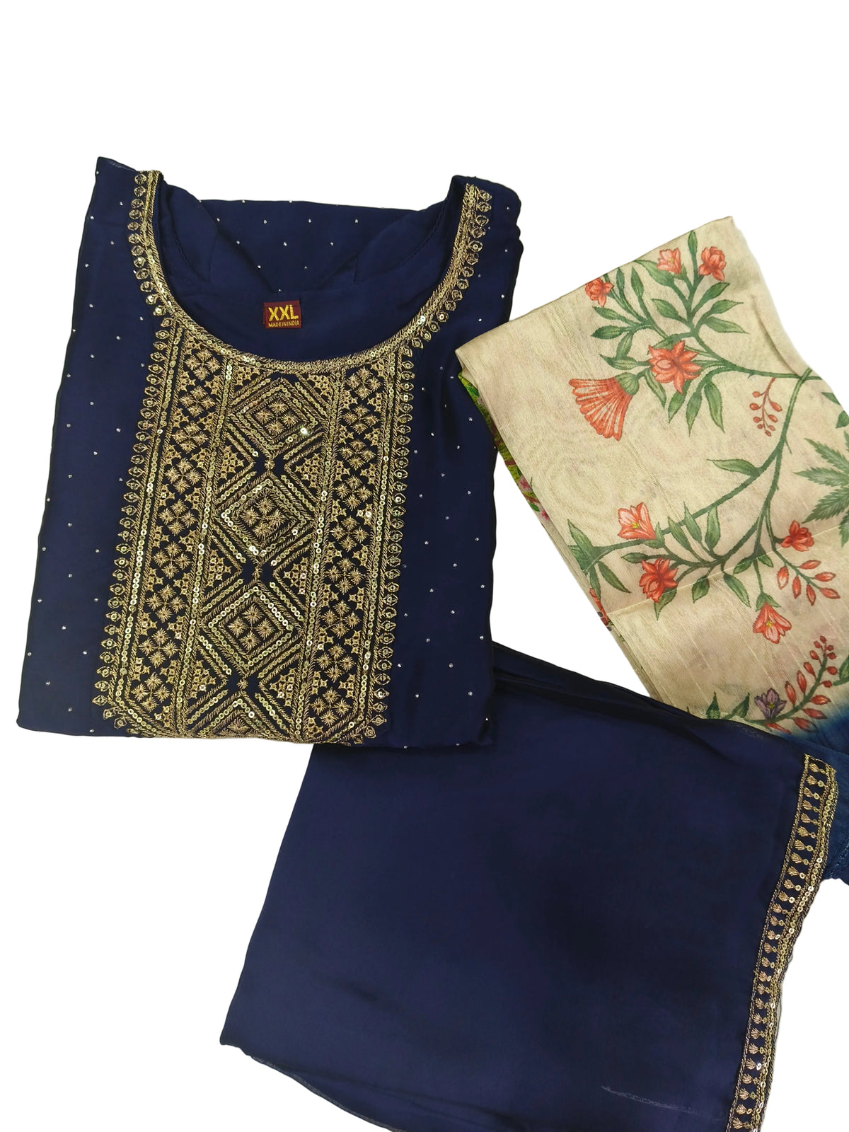 Vichitra Silk Kurti Pant Set with Full Stone Work & Digital Print Organza Dupatta