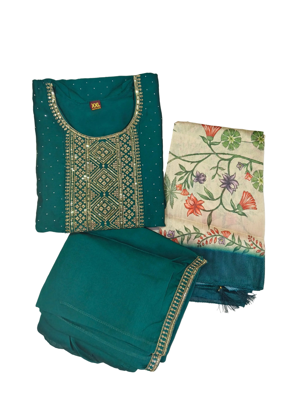 Vichitra Silk Kurti Pant Set with Full Stone Work & Digital Print Organza Dupatta