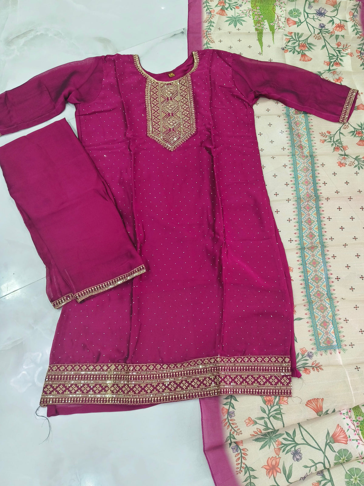 Vichitra Silk Kurti Pant Set with Full Stone Work & Digital Print Organza Dupatta