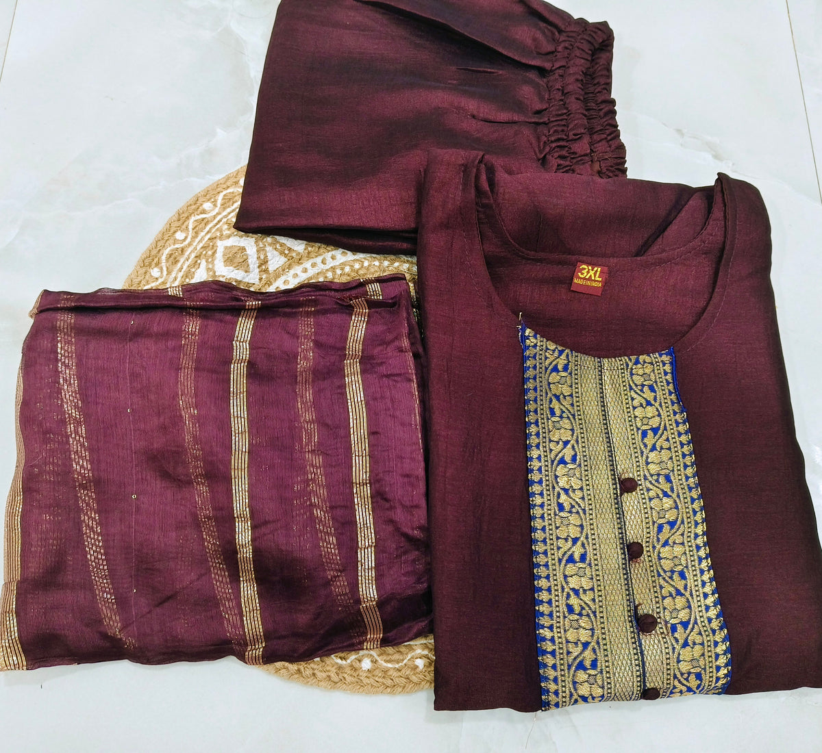 Coffee shade Vichitra Silk Kurti Pant & Zari Dupatta Set with Lining | Elegant Ethnic Wear Set