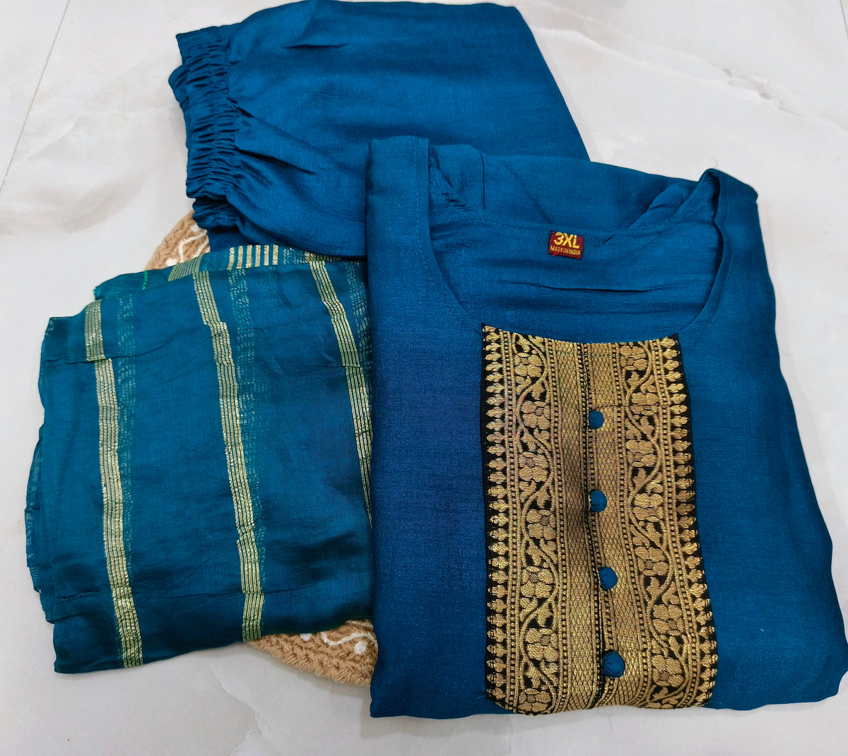 Peacock blue Vichitra Silk Kurti Pant & Zari Dupatta Set with Lining | Elegant Ethnic Wear Set