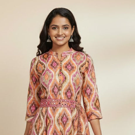 Ikat Print Umbrella Collar Neck Kurti with Mirrorwork Belt – Trendy Ethnic Wear for Women